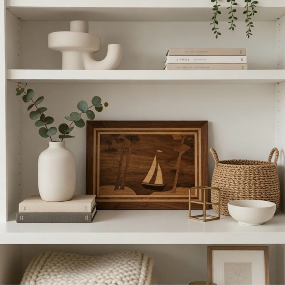 Vintage MCM Mid Century Modern Marquetry Wood Wall Art Sailboat Scene